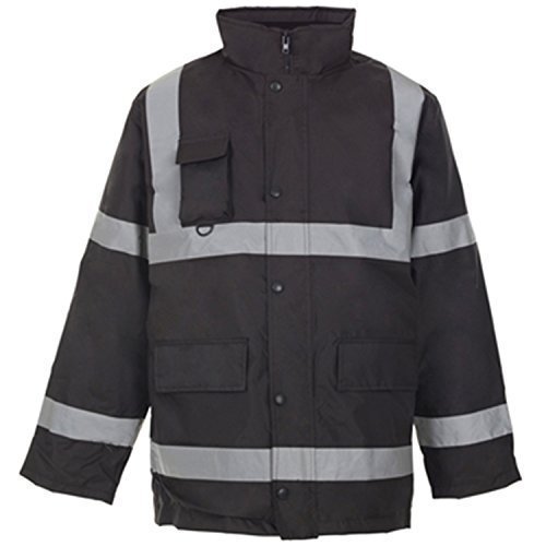 Veste Parka Longueur 3/4 Bandes Réfléchissantes Haute Visibilité Étanche Matelassé Sécurité Travail Capuche - Noir, XXXXL Cover
