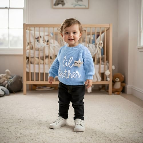 Little Brother Newborn Outfit Baby Boy Knit Sweater Long Sleeve Pullover Sweatshirt Toddler Fall Winter Clothes (Blue, 0-3 Months)