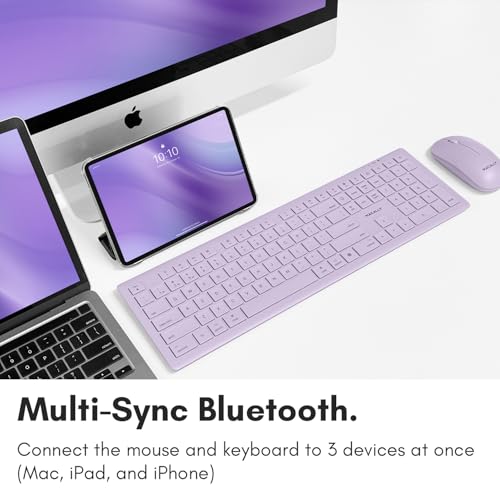 Macally Wireless Keyboard and Mouse Combo for Mac - Compatible Apple Bluetooth Keyboard and Mouse Combo for MacBook Pro/Air, iMac, Mac mini/Pro/Studio (Multi Device, Rechargeable, Emoji Keys, Purple)
