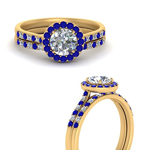 Image of Choose Your Gemstone Round Halo Ring with Matching Pave Band Yellow Gold Plated Round Shape Wedding Ring Sets Everyday Jewelry Wedding Jewelry Handmade Gifts for Wife US Size 4 to 12