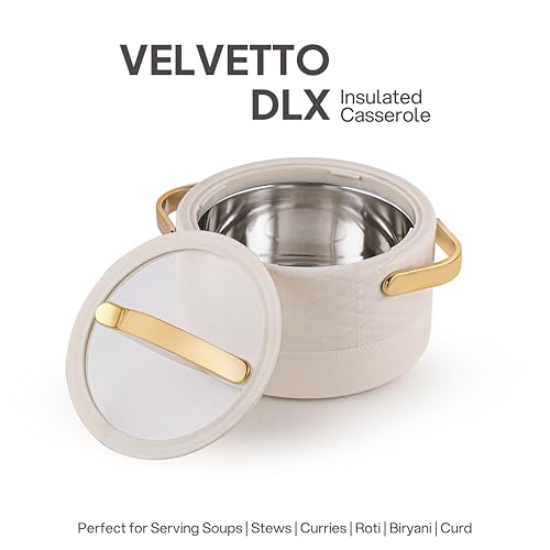 Image of CELLO Velvetto Deluxe 2500 Insulated Casserole Hot Box for Kitchen 2500 ml, Cream | Airtight See Through Lid Hot Pot Case Keeps Food Hot & Warm for Long Hours, Casserole Set for Roti, Rice & Biryani