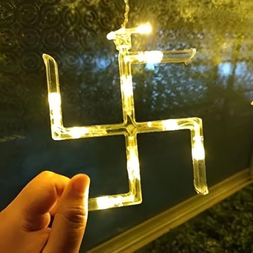 Image of HashWOW Om Swastik Curtain String Lights - 12 Hanging Symbols with 8 Flashing Modes, Warm White Decorative LEDs for Diwali & Festive Decor