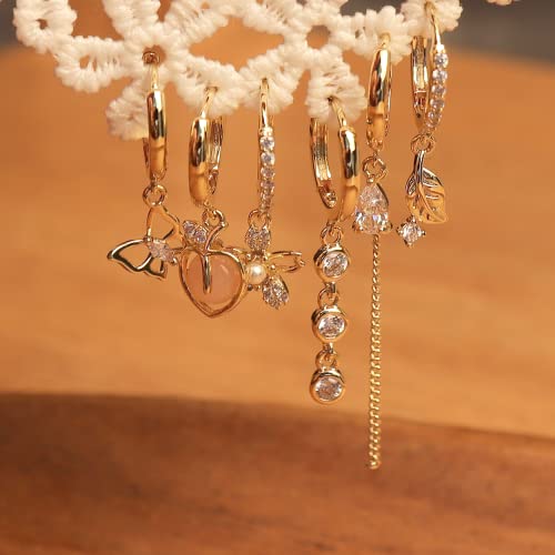 Sonateomber Gold Small Huggie Hoop Earrings Set For Women Teen Girls - Cute Dainty Cubic Zirconia Rhinestone Flower Leaf Butterfly Small Helix Chain Drop Dangle Cartilage Earrings Jewelry Gifts #TOP5