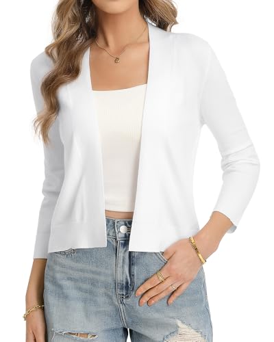 QUALFORT Womens Cropped Cardigan 3/4 Sleeve Lightweight Open Front Shrug Sweater White Medium