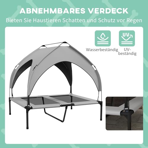 PawHut Erhöhtes Hundebett mit Baldachin, Haustierbett, Outdoor Hundeliege mit Dach, Atmungsaktiv, für große Hunde Hellgrau Oxford 91 x 76 x 89 cm