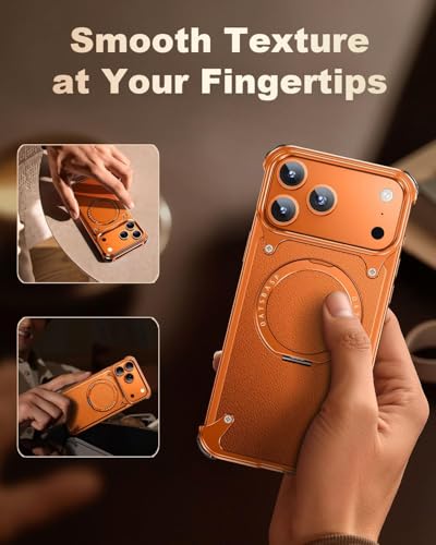 Image of Aluminum Frame Metal Bumper Compatible with iPhone 17 Pro Max | Simple Shield Air Cushion Shockproof | Edge Protection, Minimalist Slim - Black (Frame-Leather -Orange, iPhone 17 Pro Max)