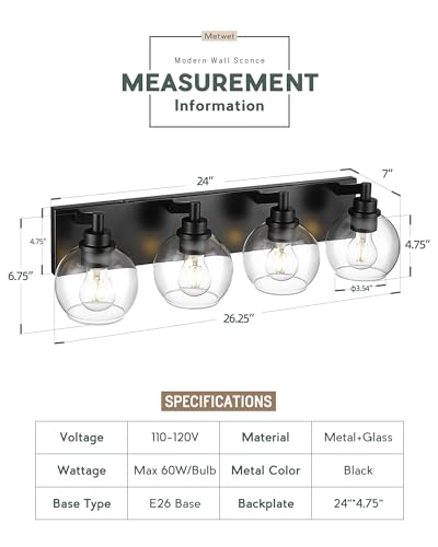 Image of Bathroom Light Fixtures, 4 Light Matte Black Vanity Light, 26 Inch Modern Wall Sconces with Globe Clear Glass Shade, Vanity Lighting Fixtures Over Mirror, VL195-MB-CL-4