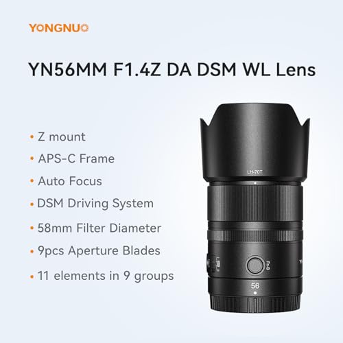 Image of YONGNUO YN56mm F1.4Z DA DSM WL Pro Lens for Nikon Z Mount, 56mm F1.4Z Large Aperture Auto Focus APS-C Frame, Standard Prime Lens for Nikon Mirrorless Cameras Z5 Z50 Z6 Z6II Z7 Z7II | YN56mm F1.4Z Large Aperture, for Nikon Mirrorless Cameras Z5 Z50 Z6 Z6II Z7 Z7II ZFC