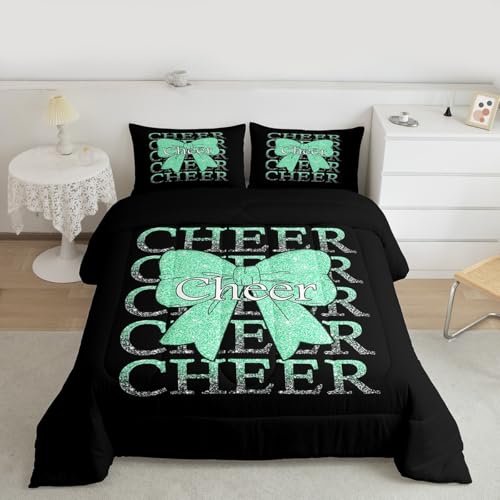 Image of Feelyou Cheer Bow Kids Comforter Set Queen Size Cheerleading Bedding Set Funny Sport Duvet Quilt for Kids Boys Girls Bedroom Green Decor Microfiber Ultra Soft Breathable