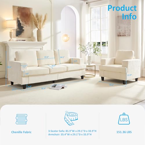 Image of Mjkone 82 inch Width 2 Piece Living Room Sofa Set, 3 Seater Sectional Sofa Couch and Chair Sets, Modular Fabric Sectional Couch Furniture Sets, Chenille Sofas Couches for Living Room Home Apartment, Beige