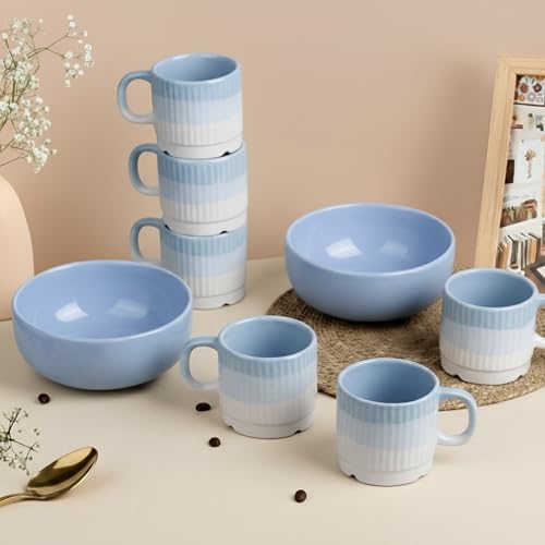 Image of The Earth Store Sky Blue Ceramic Snack Bowl & Tea Cup Combo | 2 Bowls + 6 Tea Cups(Fringe) | Microwave & Dishwasher Safe | Multipurpose Combo for Coffee, Snacking, Diwali Gifting