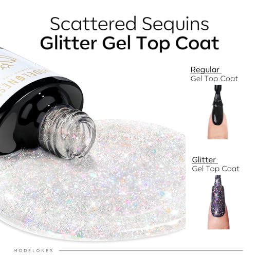 Image of modelones Glitter Gel Nail Polish Top Coat, Rainbow Confetti Gel Top Coat with Scattered Sparkle Shimmer Sequins, Soak Off Long Lasting High Glossy Finish Home Salon DIY Manicure Nail Art