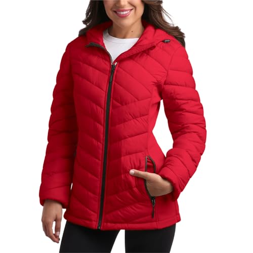 Reebok Womens Puffer Jacket - Midweight Quilted Snow Glacier Shield Full Zip Winter Coat for Women with Hood & Zip Pockets, Size Large, Vector Red Glow