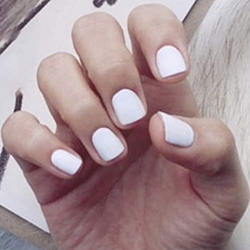 Hermashy Matte White False Nails Short Square with Press on Gel Full Coverage