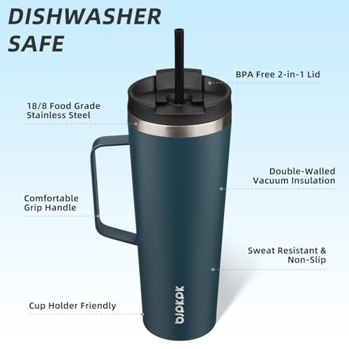 Image of BJPKPK 26oz Insulated Tumbler with Handle, Lid & Straw, Stainless Steel
