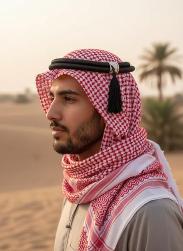 وشاح راس كوفية تقليدي من الشرق الاوسط، نمط مربعات احمر وابيض/ابيض نقي، شريط عقيق اسود قابل للتعديل (احمر، مقاس 57)
