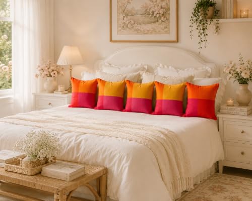 Image of RANGBHAR Handloom 100% Cotton Cushion Cover Set of 5 | Cushion with All-Around Piping for Premium Finish | 16x16 Inches Hand Woven Striped Cushion Covers | Mustard Orange