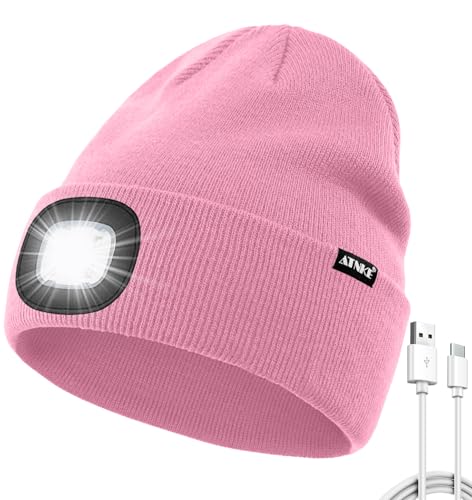 ATNKE LED Beanie with The Light, USB Type C Rechargeable 4 LED Running Headlamp Bright Caps Gifts for Men Dad and Women/#Pink