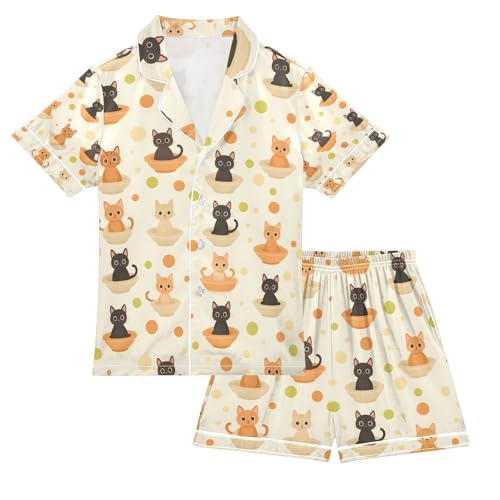senya Cat Brown Cup Satin Summer Pajama Sets Silk Short Sleeve Button Down Sleepwear