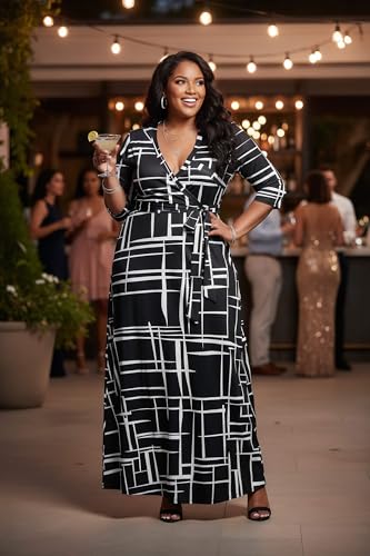 Image of Runwind Plus Size Dresses for Women Floral Maxi Dress Flowy 3 /4 Sleeve with Belt