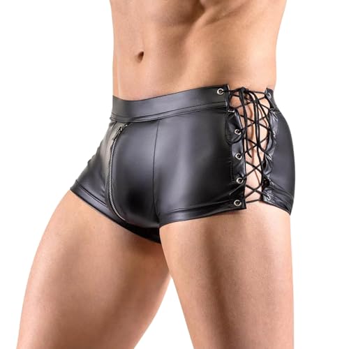 Traje de Lencería de Hombre de Cuero Esmaltado Negro Traje con Top de Tirantes y Pantalón Corto con Lazos Trajes Sexy para Actuaciones en Escenario y Bar