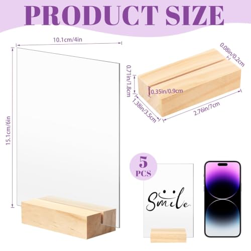 Image of Bercoor 5 Pack 4x6 Inch Blank Clear Acrylic Sign with Wooden Stands, Rectangle Top Acrylic Sheet, DIY Acrylic Rectangle Table Numbers for DIY Name Card Gifts Event Party Sign Decoration