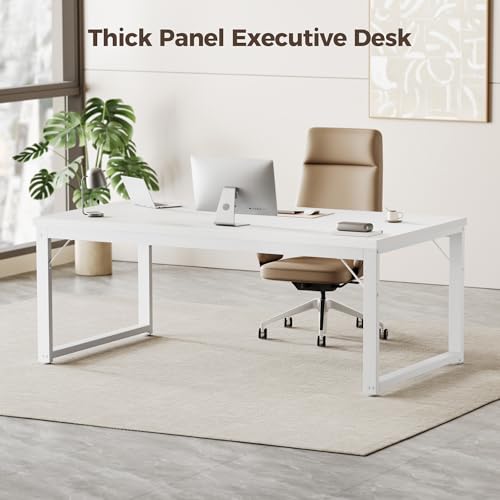 Image of 40 Inch Computer Desk, 1 inch Thick Small Office Table, White | Modern Simple Style, Heavy Duty Industrial Frame, Small Study & Writing Table for Home Bedroom Work