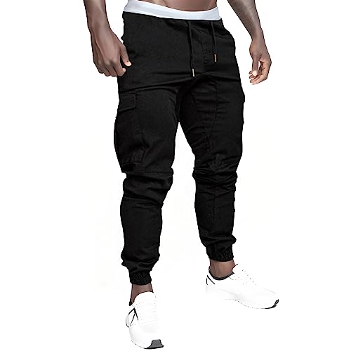 Mens Cargo Pants Solid Cinch Bottom Drawstring Casual Outdoor Hiking Pants Multi Pockets Athletic Tapered Joggers Sweatpants