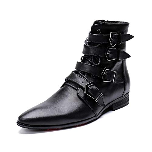 Image of Rui Landed Ankle Boots for Men Pointed Toe Plain Genuine Leather Monk Strap Lace Up Style Block Heel Metal Inner Zippers High Top Shoes