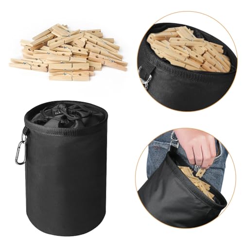 Vicloon Hanging Peg Bag, Clothes Peg Bags for Washing Line with 40 Strong Wooden Clothespins, Large Waterproof Clothes Pegs Bag Closing Cord and Suspension Spring Hook for Indoor Outdoor Use - Image 4