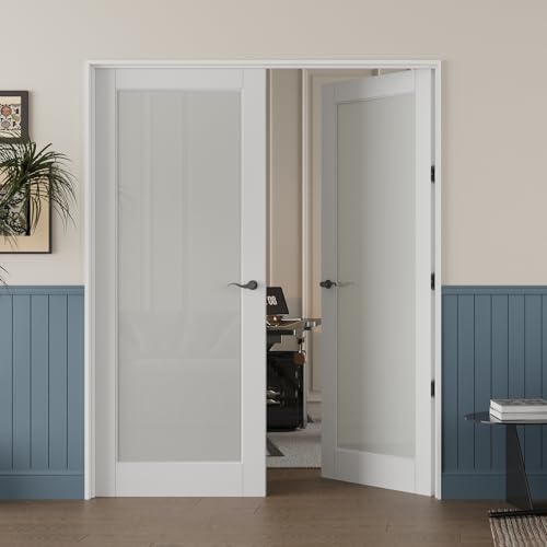 52'' x 80'' (Double 26' x 80') French Interior Tempered Frosted Glass Slab Doors for Bedroom Door, Closet Door, Solid Core Interior Double Doors w/o Hardware Kit, Prehung Jamb or Borehole, White