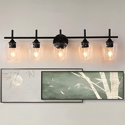 Image of foucasal Bathroom Light Fixtures, 5-Light Matte Black Vanity Light with Clear Glass Shade, Modern Wall Lights for Bedroom Hallway Living Room (Black, 5-Light)
