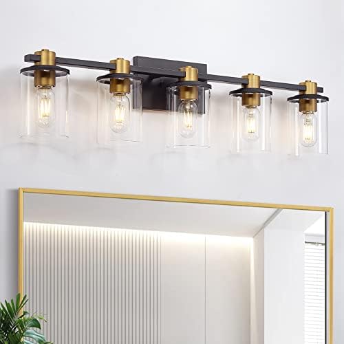 5 Mild Lavatory Self-importance Mild, Black and Gold Lavatory Mild Fixtures, Sconces Wall Lighting with Clear Glass Shade, Fashionable Brushed Gold Self-importance Lights for Lavatory, Bed room, Hallway