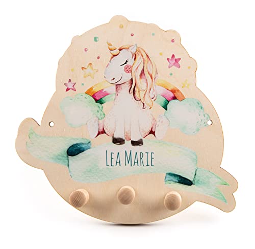 Personalisierte Kindergarderobe 'Unicorn' aus Holz mit drei Kleiderhaken....