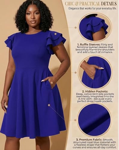 Image of IyMoo Women's Plus Size Cape Flutter Sleeve Stretchy A Line Swing Flared Skater Cocktail Party Dress with Pockets