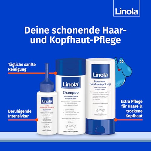 Linola Shampoo, 1 x 200 ml - Pflegeshampoo für trockene, empfindliche oder zu Neurodermitis neigende Kopfhaut - silikonfrei, ohne Farb-, Duft- und Konservierungsstoffe