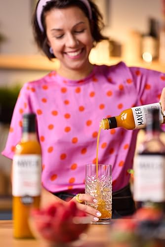 Image of Mayer Mango Syrup for Drinks & Cocktails - Handcrafted in Hungary, Natural Mango Flavoring Syrup - Handcrafted with 100% Real Fruits for Martini, Mocktail, Smoothie, Lemonade, Pancakes, Ice Cream - Vegan, Gluten-Free - (16.9 Fl Oz each / Pack of 2)