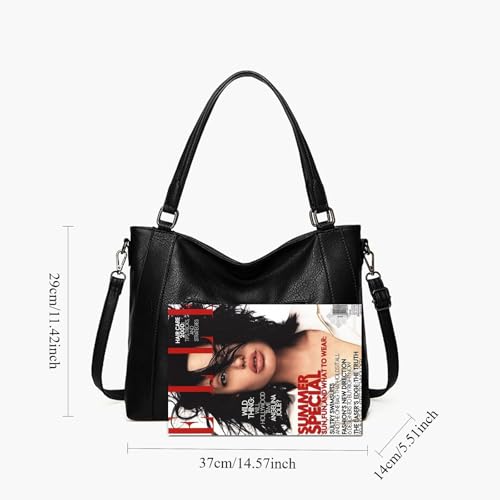 Image of Women PU Leather Tote Bag, Black Handbag Shoulder Hobo Purse Large Crossbody Bag Ladies Bucket Wallet Set 2pcs for Shopping