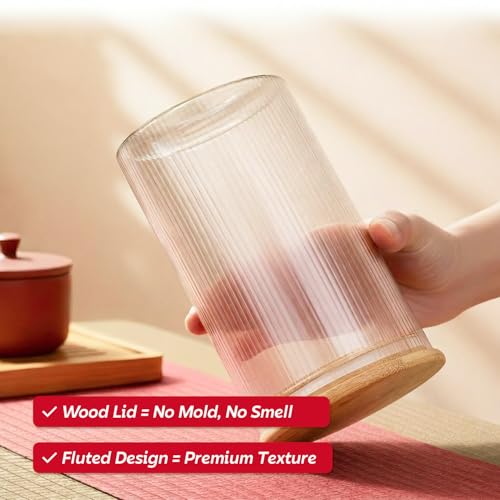 Image of amazon basics Fluted Glass Jars with Bamboo Lids, Set of 6, 600ml Decorative Kitchen Storage Containers for Snacks, Dry Fruits, Tea, Coffee, Sugar & Pantry Organization
