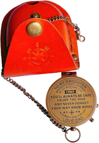 Brújula grabada con estuche de cuero - Brújula de bolsillo de latón sólido para senderismo, regalo para cumpleaños, aniversario, día de graduación, día de San Valentín y bautizo