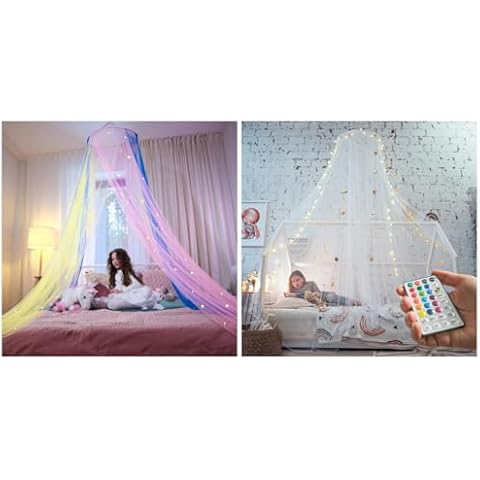 Bollepo Rainbow & LED Bed Canopy for Girls with Glowing Stars - Princess Crib Netting Room Decor | Single, Twin, Full, Queen Size Kids Bed Curtains, Fire Retardant Fabric Cover