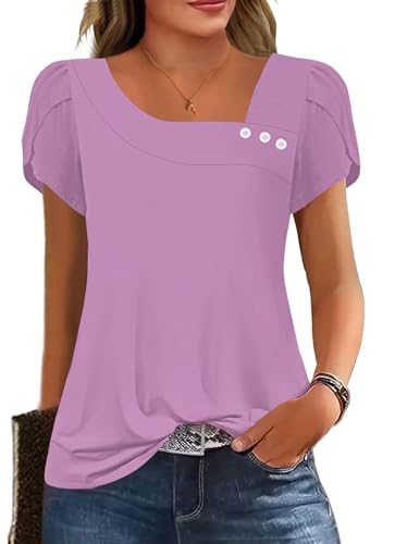 Image of Womens Petal Sleeve Tops Summer Trendy T Shirt Casual Loose Square Neck Button Blouse Tees