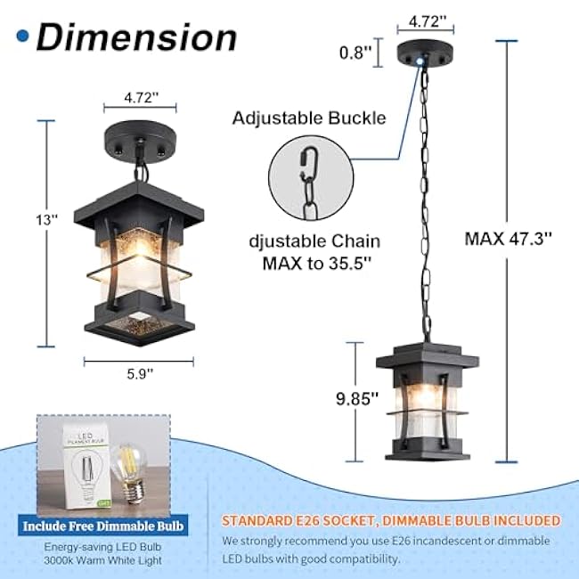 Motion Outdoor Pendant Light Fixture with Dusk to Dawn Sensor Exterior Hanging Lantern with Adjustable Chain Black with Seeded Glass Outside Lights for House Patio Front Porch Lighting