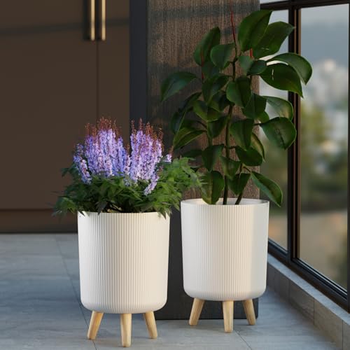 Image of StyleX Store Modern White Flower Pot with Plastic Legs | Indoor Outdoor Planter for Home Garden Balcony Decor Ribbed Design Sturdy Plastic Mid-Century Style (White Pack of 2)