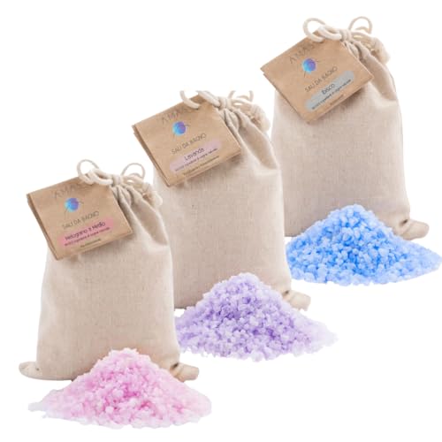 Sales de Baño AMAS - Idea de Regalo - 3 fragancias - 350g (10 usos) x3 - Lavanda Purificante y Calmante + Hibisco Relajante + Granada y Arándano Revitalizante - 100% NATURAL - VEGANO