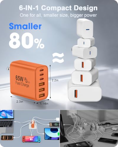 Image of FEEL2NICE 2-Pack 65W USB C Charger Block, 6-Port Fast Wall Charging Block [3 PD USB-C & 3 QC USB-A] for iPhone 17 16 15 Pro Max, iPad Pro, Galaxy S26 S25, Pixel 10 9, iWatch,Google & More