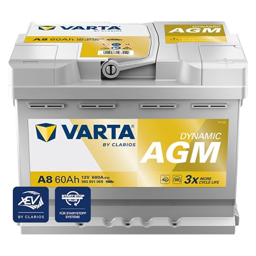 VARTA Automotive DYNAMIC AGM (A8) 12V 60Ah 680A - Nassbatterie für Start-Stopp Systeme und xEV - Starterbatterie für Autos mit höherem Energiebedarf - Wartungsfreie Bleisäurebatterie
