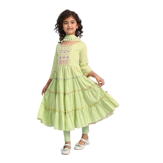 Image of Biba Girls 3 /4 Sleeve 100% Cotton Round Neck Kurta Set