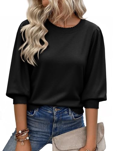 Cicy Bell Womens 3/4 Puff Sleeve Sweater Tops Fall Casual Crew Neck Lightweight Knit Pullover Loose Fit Scallop Trim Sweater