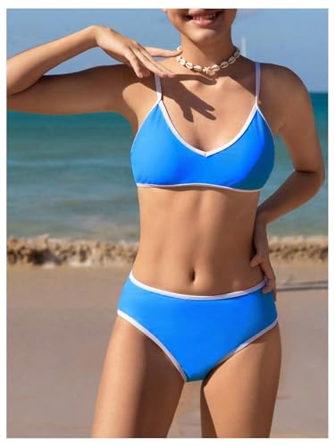 Girl's 2 Piece Swimsuit Sets Spaghetti Strap Two Tone Bathing Suit Cute Vacation V Neck Swimwear4